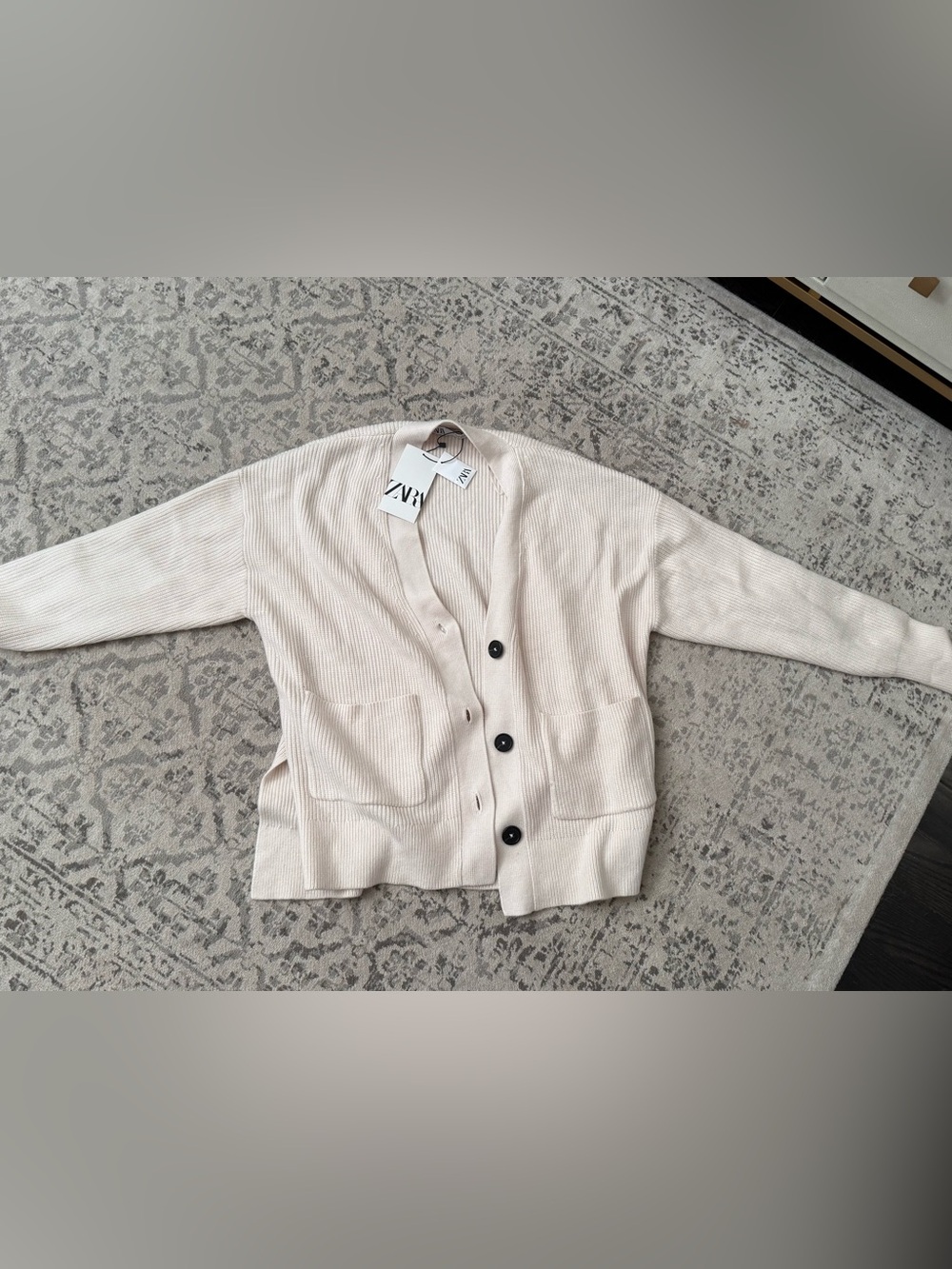 NWT Zara Cream Ribbed Collared Long- Sleeved Cardigan Sweater XL